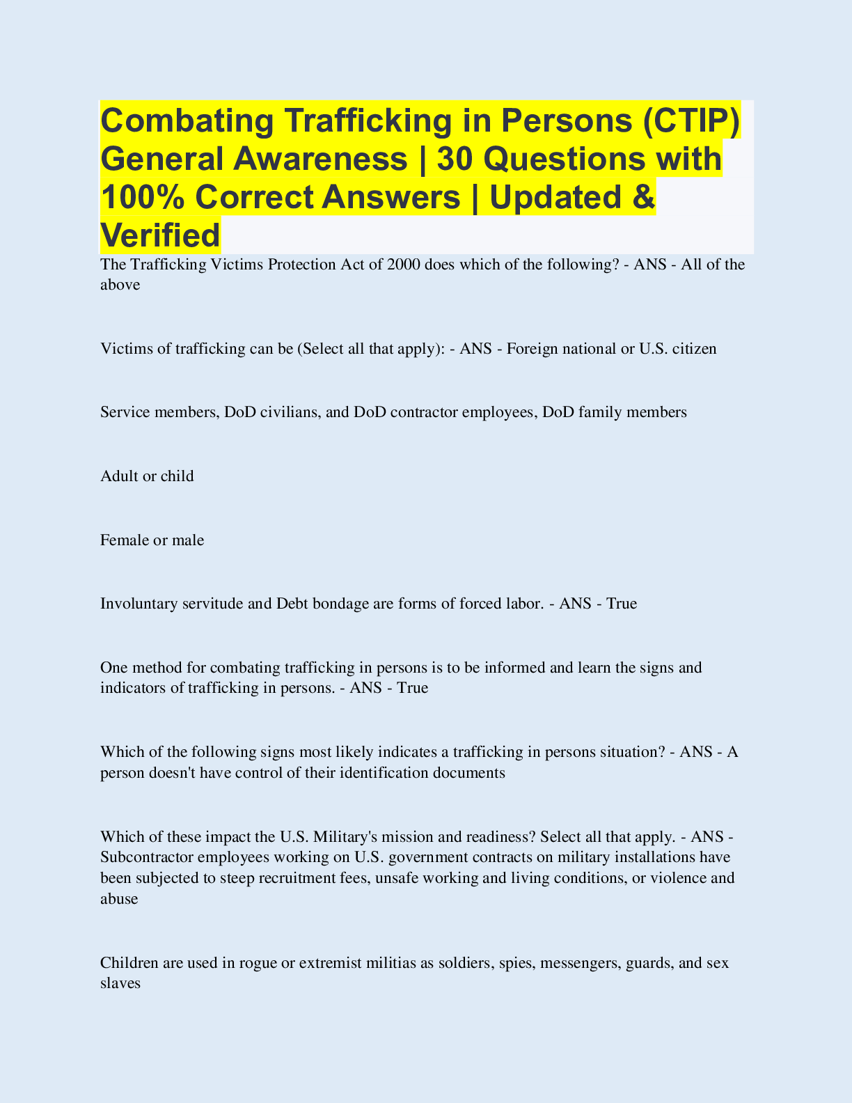 Combating Trafficking In Persons Ctip General Awareness 30 Questions With 100 Correct